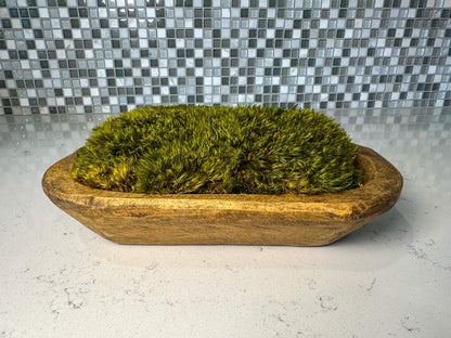 Side view of hand-carved wooden moss bowl filled with dark green preserved pillow moss.