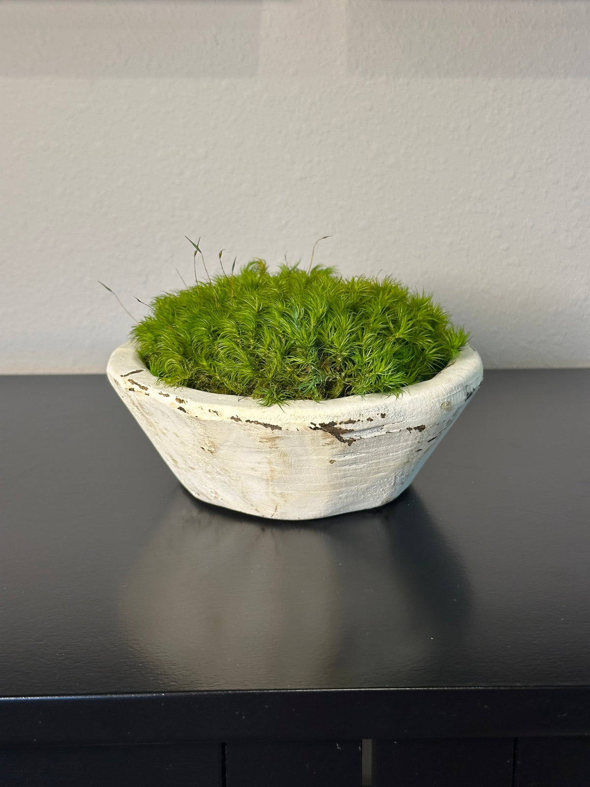 Rustic white hand-carved bowl filled with bright green preserved moss displayed on a black tabletop.