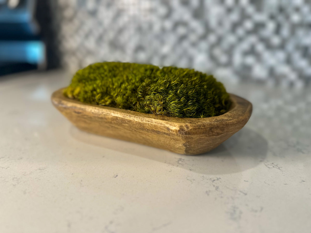Angled view of hand-carved wooden bowl with preserved dark green pillow moss mounds.