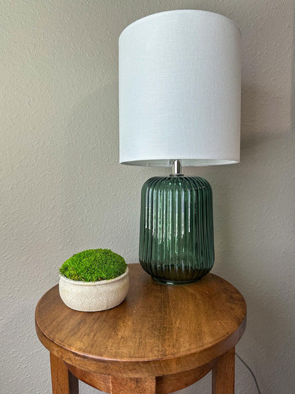 Mini upcycled beige textured bowl with light green preserved moss styled on a wooden side table beside a lamp.