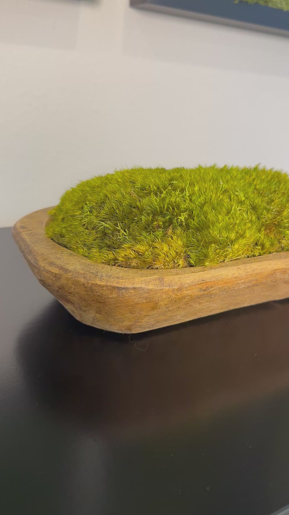 Hand-carved wood dough bowl filled with green preserved moss, shown on a dark tabletop.